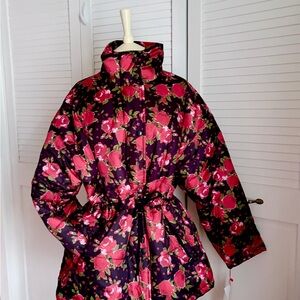 Rouje Floral Quilted Belted Puffer Jacket - Pink on Purple